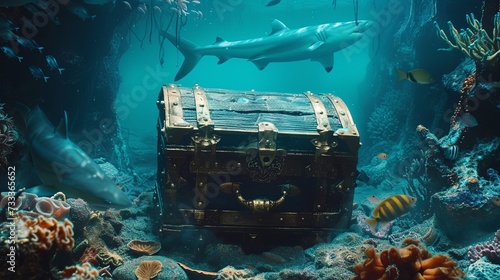 Canvastavla Closed treasure pirate chest on sea bottom underwater wallpaper background