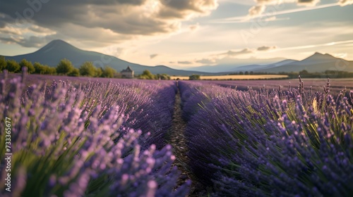 Tranquil lavender field at sunset, scenic natural landscape, perfect for relaxation and wallpapers. AI