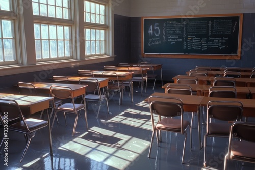 A classroom featuring desks, chairs, and a chalkboard. This image can be used to depict an educational setting or for illustrating concepts related to learning and teaching © Fotograf