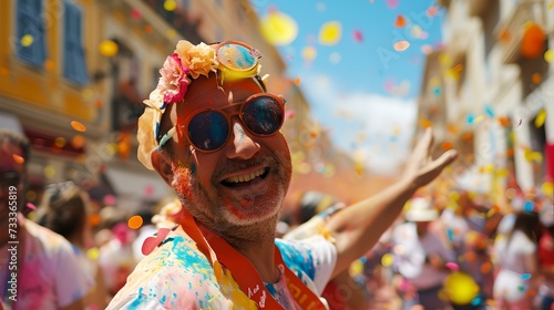 Joyful person celebrating at a vibrant street festival, surrounded by confetti. colorful, lively event captured in daylight. carnival atmosphere. AI