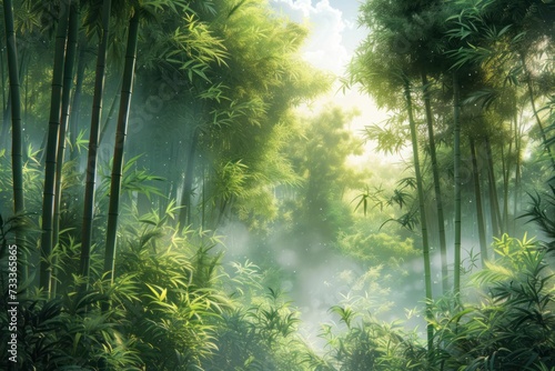 Illustration of a bamboo forest, highlighting the height and graceful form of the bamboo stalks, symbolizing peace and resilience photo