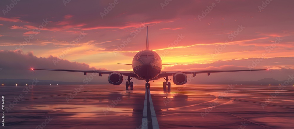 Commercial airplane on the runway at sunset. travel and transportation theme with vibrant colors. reflective wet ground, modern journey concept. AI - obrazy, fototapety, plakaty 