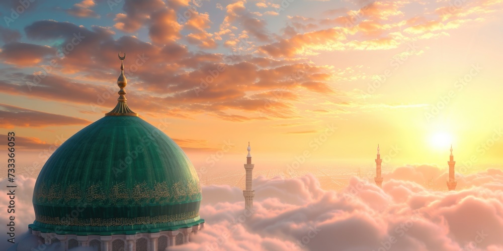 A picture featuring a large green dome sitting above a sky covered with clouds. This image can be used to depict serenity, spirituality, or architectural beauty - obrazy, fototapety, plakaty 