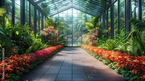 The beauty of cultivated flora: An illustration of a greenhouse filled with exotic plants photo