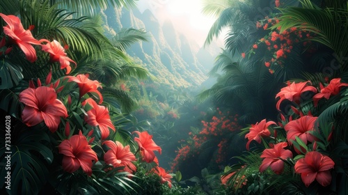 Illustration of a tropical island flora, with a focus on exotic flowers and trees, capturing the essence of paradise photo