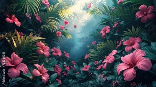 Exploring tropical island beauty: Illustrating exotic flowers and trees photo