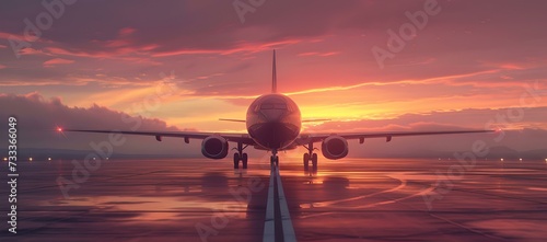 Commercial airplane on the runway at sunset. travel and transportation theme with vibrant colors. reflective wet ground, modern journey concept. AI