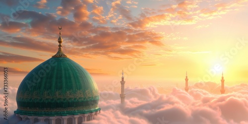 A picture featuring a large green dome sitting above a sky covered with clouds. This image can be used to depict serenity, spirituality, or architectural beauty