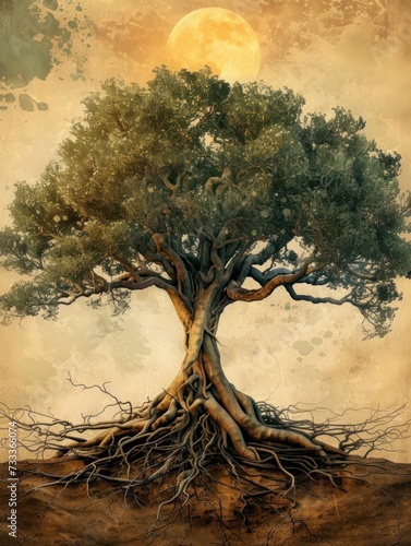 Rooted in symbolism: Illustrating an ancient tree's deep roots and connection to heaven and earth photo