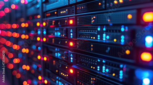 A close-up view of a data center server rack with vibrant red and blue LED lights, symbolizing network infrastructure and technology.