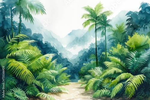 Sketch of a tropical rainforest scene  highlighting diverse plant life from towering trees to understory ferns  showcasing biodiversity