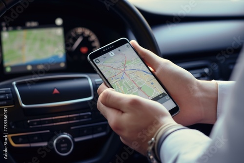 A person is pictured holding a cell phone inside a car. This image can be used to depict modern technology usage or distracted driving