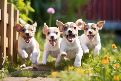 lot of of exuberant Jack Russell puppies running bounding across green grass with warm home in the background, puppy Day, family, having fun, puppy playtime joy. photo