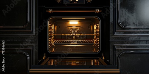A black oven with the door open in a kitchen. Suitable for cooking and baking purposes photo