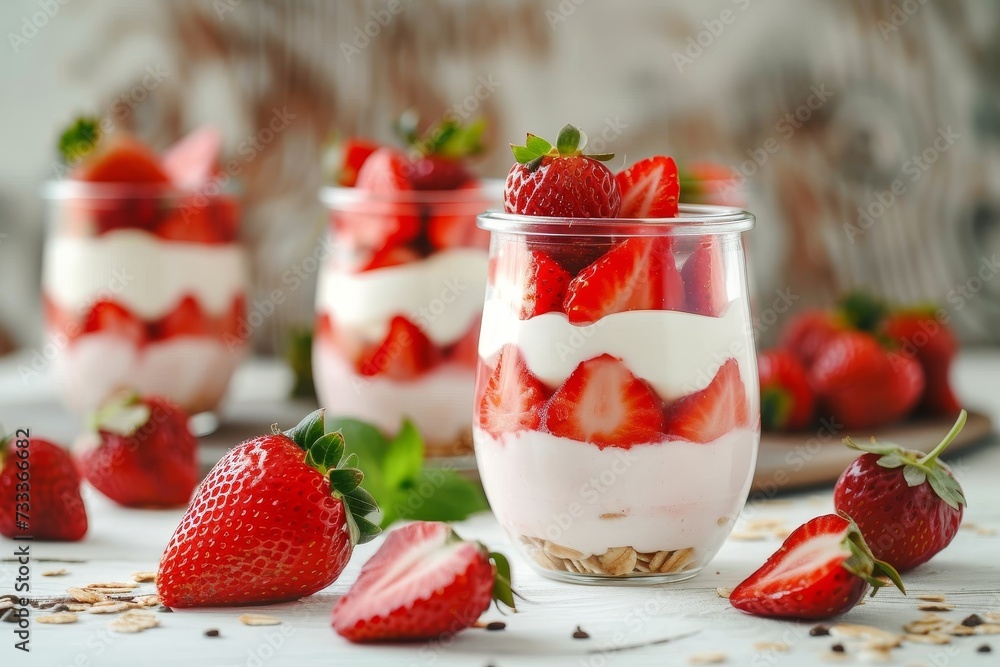 Indulge in a sweet and creamy dessert with a group of ripe alpine and virginia strawberries served in a glass, a perfect accessory fruit for any occasion Indulge in a sweet and creamy dessert with a group of ripe alpine and virginia strawberries served in a glass, a perfect accessory fruit for any occasion