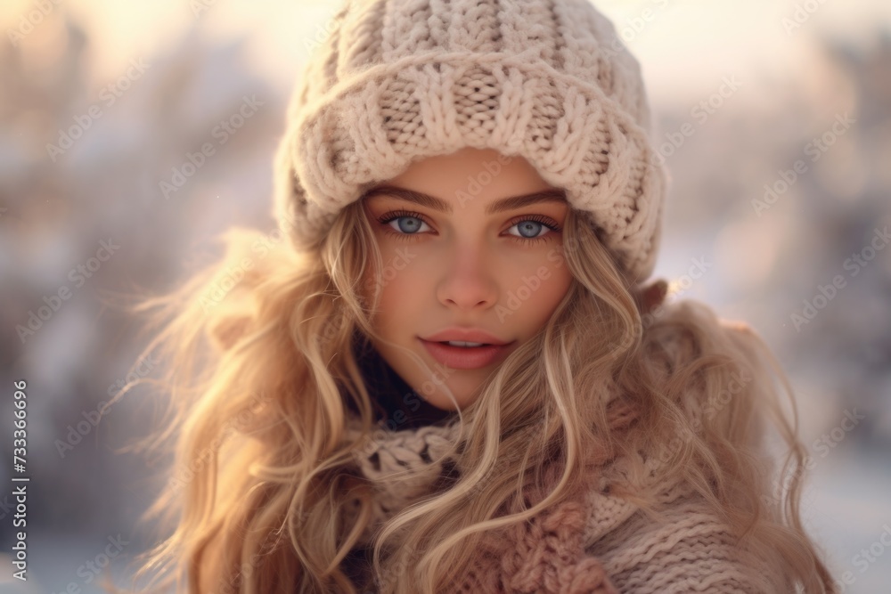A woman is pictured wearing a hat and scarf in the snow. This image can be used for winter-themed designs and outdoor activities A woman is pictured wearing a hat and scarf in the snow. This image can be used for winter-themed designs and outdoor activities