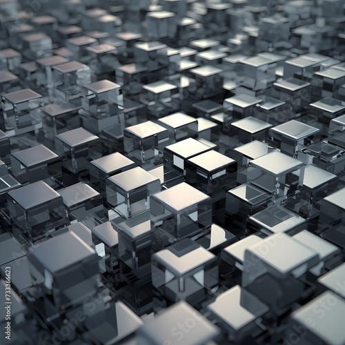 Abstract Array of Reflective Cubes in a 3D Rendered Landscape