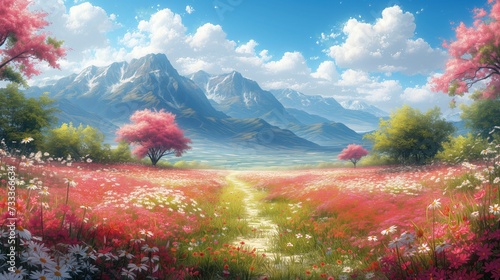 Obraz pola z kwiatami i górami w tle
