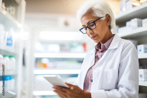 Smiling senior female pharmacist using digital tablet in a modern pharmacy