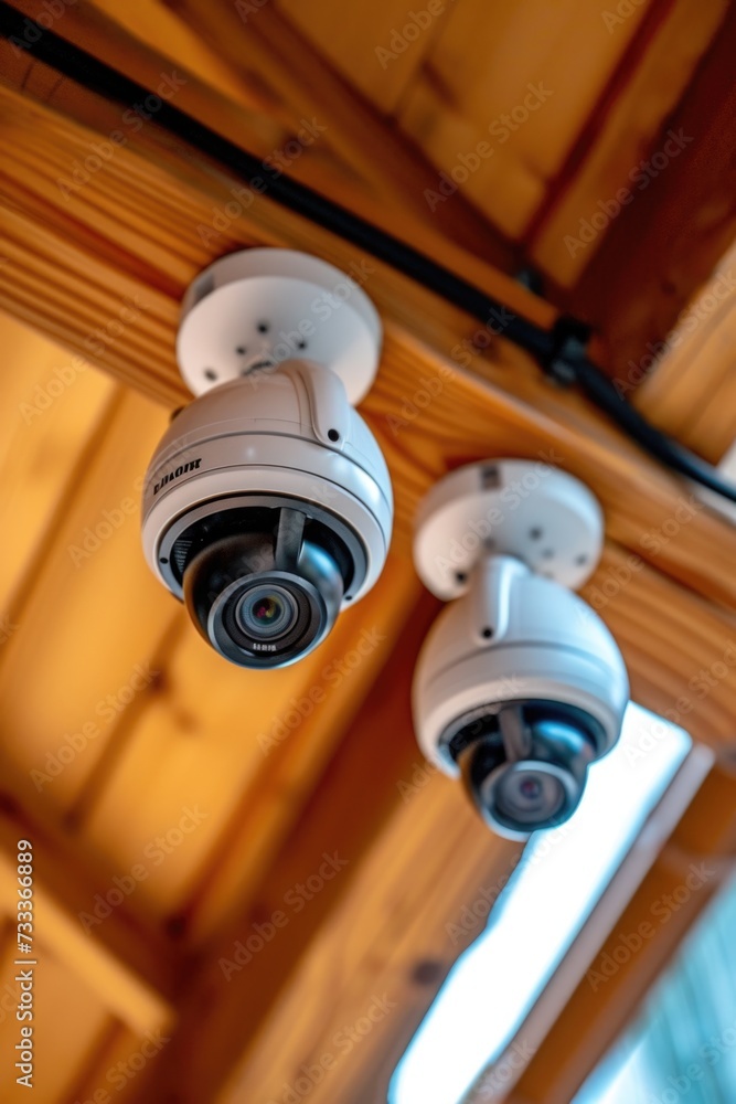 Two surveillance cameras hanging from a ceiling. Suitable for security and surveillance themes Two surveillance cameras hanging from a ceiling. Suitable for security and surveillance themes