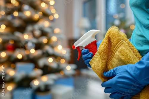 Amidst the festive glow of a christmas tree, a person carefully sprays a towel to add the final touches to their outdoor holiday decorations on christmas eve photo