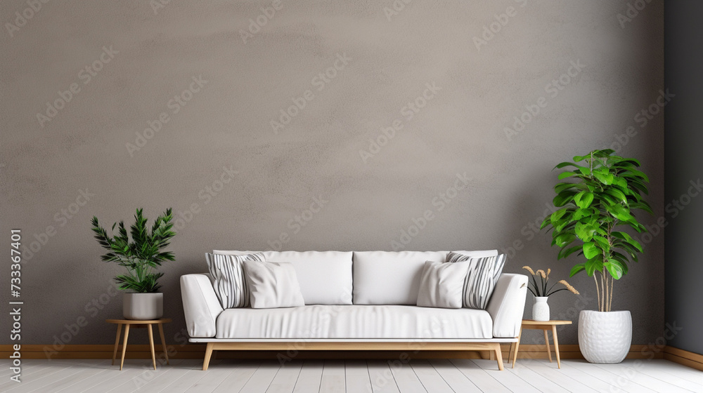 Urban jungle in trendy living room interior with white couch with black knot pillow and wooden furniture, copy space on wall