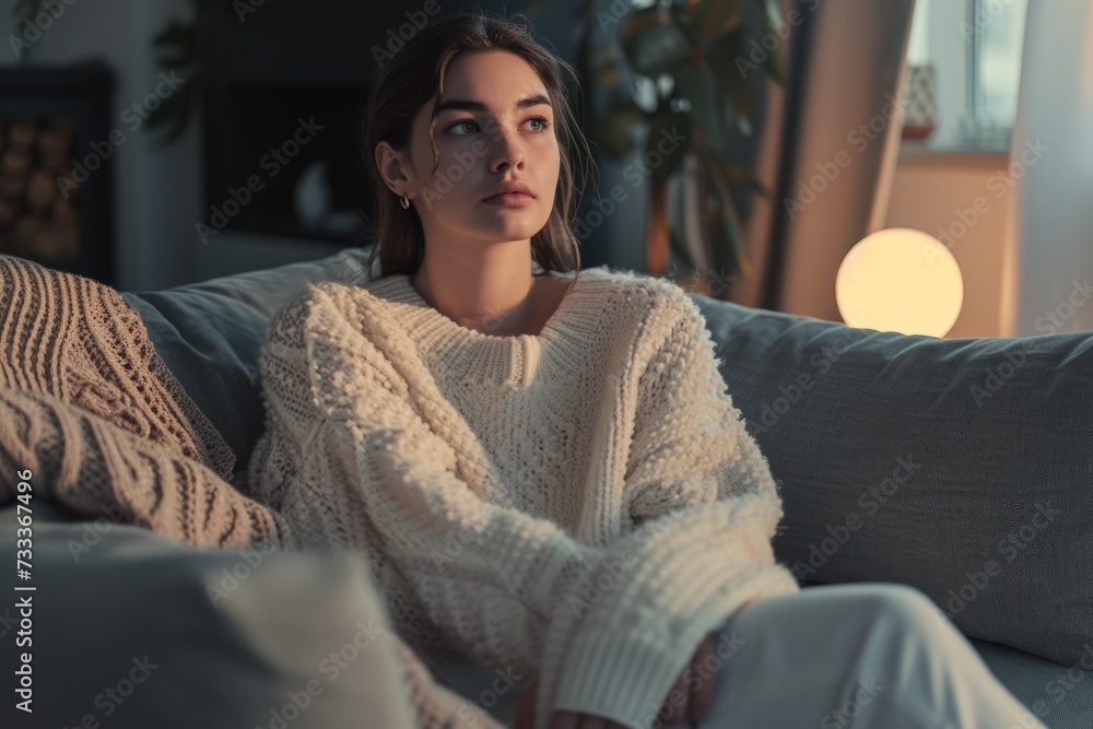 A woman sitting on a couch in a living room. This image can be used to depict relaxation, comfort, or home decor A woman sitting on a couch in a living room. This image can be used to depict relaxation, comfort, or home decor