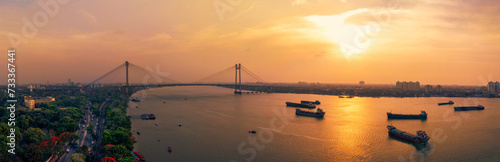 Vidyasagar Setu bridge over Hooghly River in Kolkata, West Bengal, India, Beautiful Aerial panoramic view