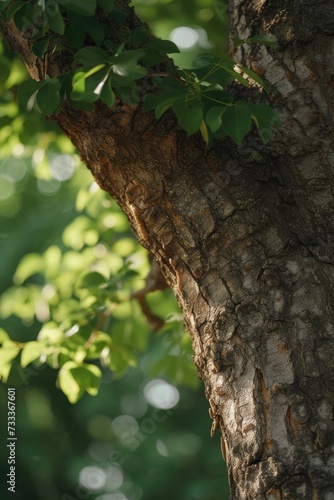 A detailed view of a tree trunk covered in vibrant green leaves. This image can be used to depict nature, environment, or the beauty of foliage in a forest setting