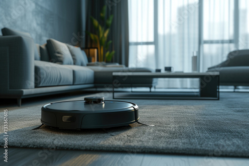 A robotic vacuum cleaner on the floor in a living room. Suitable for home cleaning and automation concepts