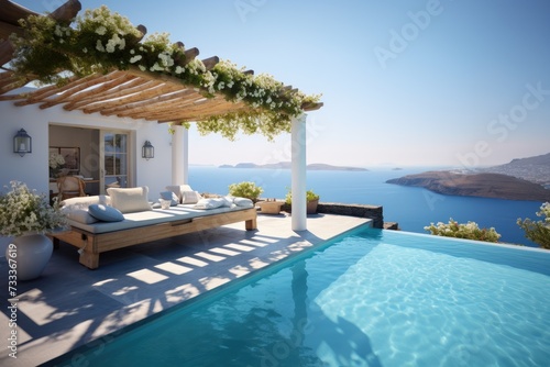 Cozy white luxury villa in greece with pool and best view on sea © kozirsky