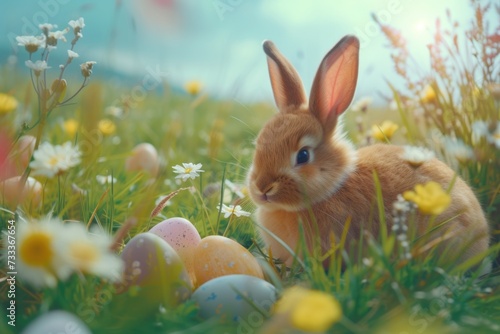A picture of a rabbit sitting in a field surrounded by colorful Easter eggs. Perfect for Easter-themed designs and decorations