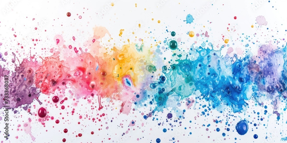 Colorful paint splatters create a vibrant rainbow effect on a white surface. This versatile image can be used for various projects and designs