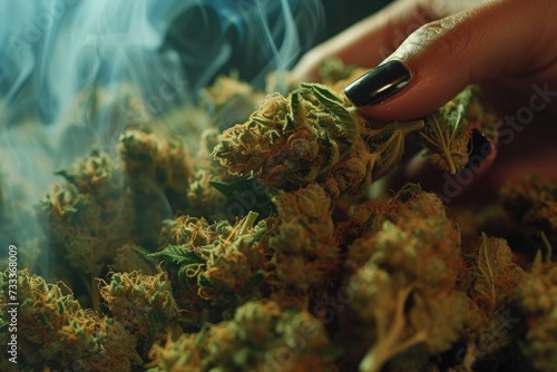 A close-up shot of a person holding a marijuana flower. This image can be used to illustrate cannabis culture or the concept of marijuana legalization