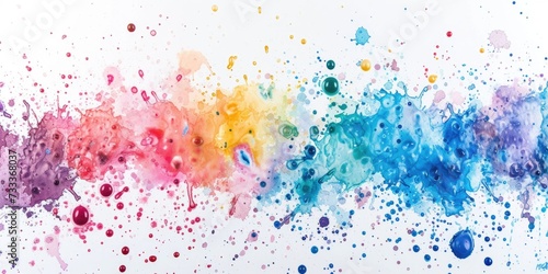 Colorful paint splatters create a vibrant rainbow effect on a white surface. This versatile image can be used for various projects and designs