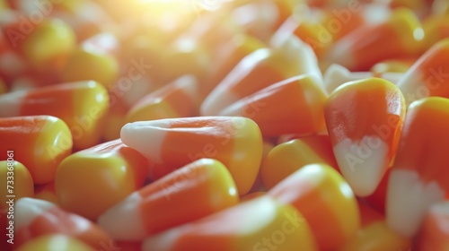 A pile of candy corn sitting on top of a table. Perfect for Halloween decorations or sweet treats for parties photo