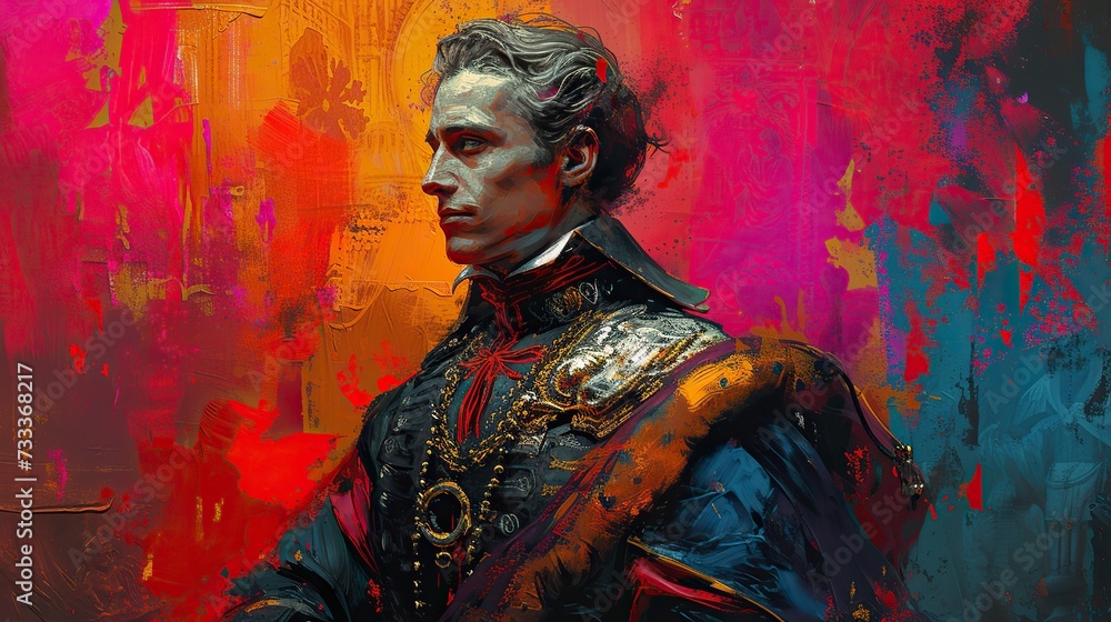 Fototapeta premium An artistic digital painting of a noble figure in historical attire against a backdrop of vibrant, abstract splashes of color.