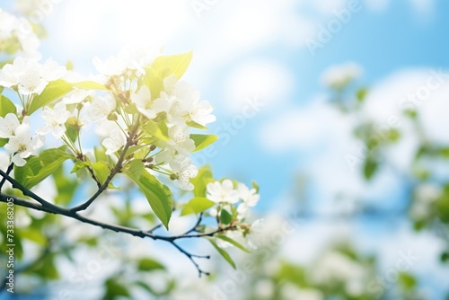 A picture of a tree with white flowers against a vibrant blue sky. This image can be used to depict the beauty of nature and the changing seasons