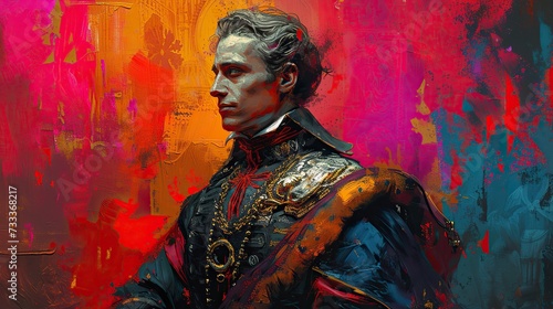 An artistic digital painting of a noble figure in historical attire against a backdrop of vibrant, abstract splashes of color.