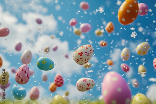 Colorful Easter eggs flying through the air. Perfect for Easter-themed designs and promotions © Fotograf
