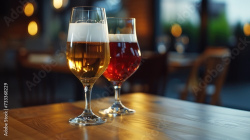 Two glasses of beer sitting on a table. Perfect for a pub or bar scene