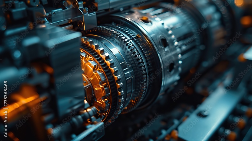 Close-up of the complex gear mechanisms of industrial machinery, showcasing the precision engineering and metallic construction. Close-up of the complex gear mechanisms of industrial machinery, showcasing the precision engineering and metallic construction.