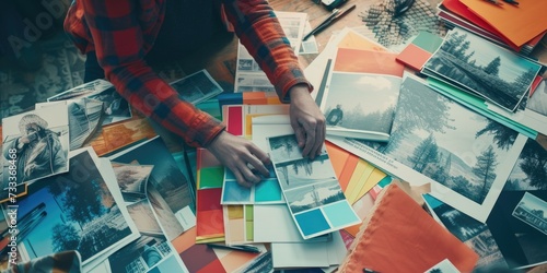 A person sitting at a table surrounded by a bunch of photos. Ideal for illustrating concepts of photography, memories, creativity, or organization photo