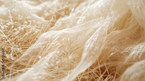 A soft focus on gossamer fibers intertwined with textured fabric, bathed in a warm, natural light.