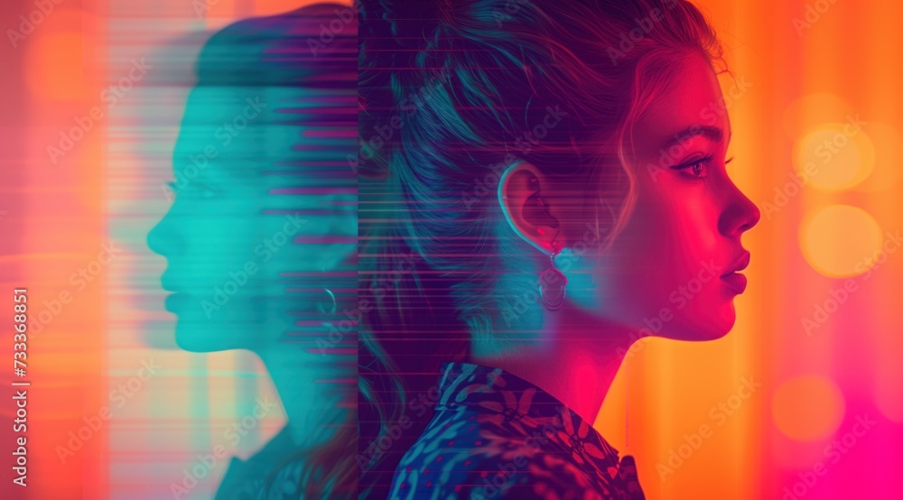 Girl with a woman colorful background, in the style of deconstructed minimalism, double exposure Girl with a woman colorful background, in the style of deconstructed minimalism, double exposure