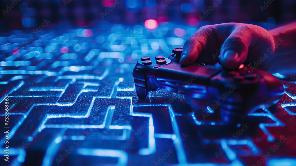 Close-up of a hand holding a gaming controller above a vibrant blue neon circuit board, evoking high-tech gaming and virtual reality concepts. Close-up of a hand holding a gaming controller above a vibrant blue neon circuit board, evoking high-tech gaming and virtual reality concepts.