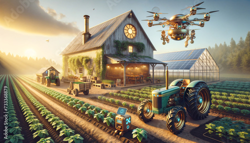 Steampunk-inspired agritech in serene farm landscape during golden hour photo