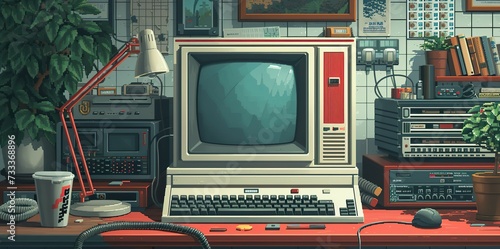A meticulously detailed setup showcasing a retro computer with a large CRT monitor, surrounded by vintage electronics, gadgets, and office supplies, creating a nostalgic 80s tech workspace. photo