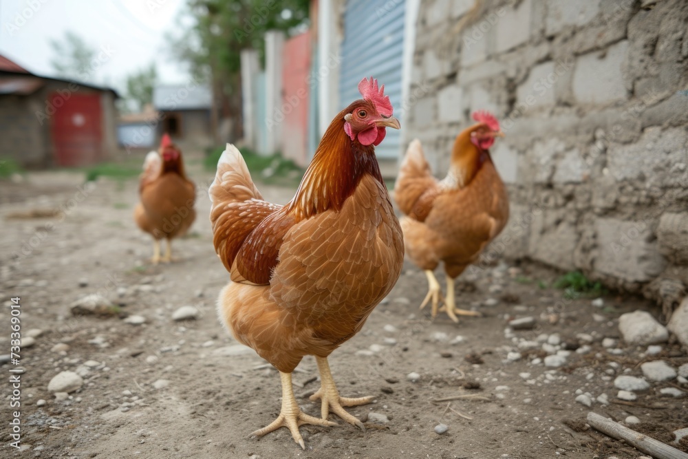 A group of chickens standing together on a dirt ground. Suitable for farm, agriculture, or animal-related projects A group of chickens standing together on a dirt ground. Suitable for farm, agriculture, or animal-related projects