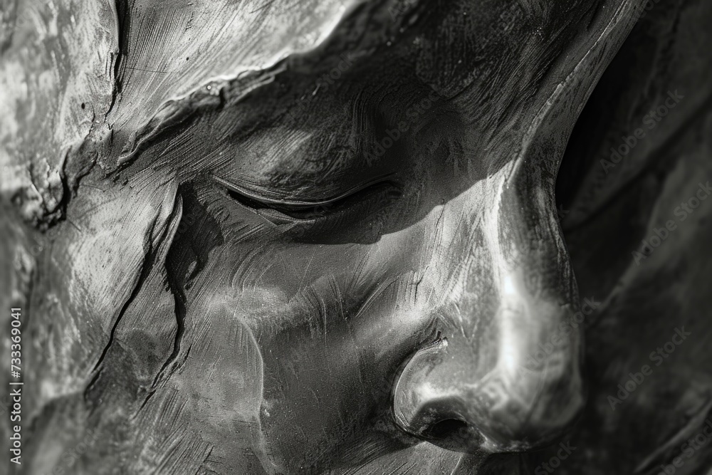 A detailed close-up view of a statue's face. Perfect for architectural or historical projects A detailed close-up view of a statue's face. Perfect for architectural or historical projects
